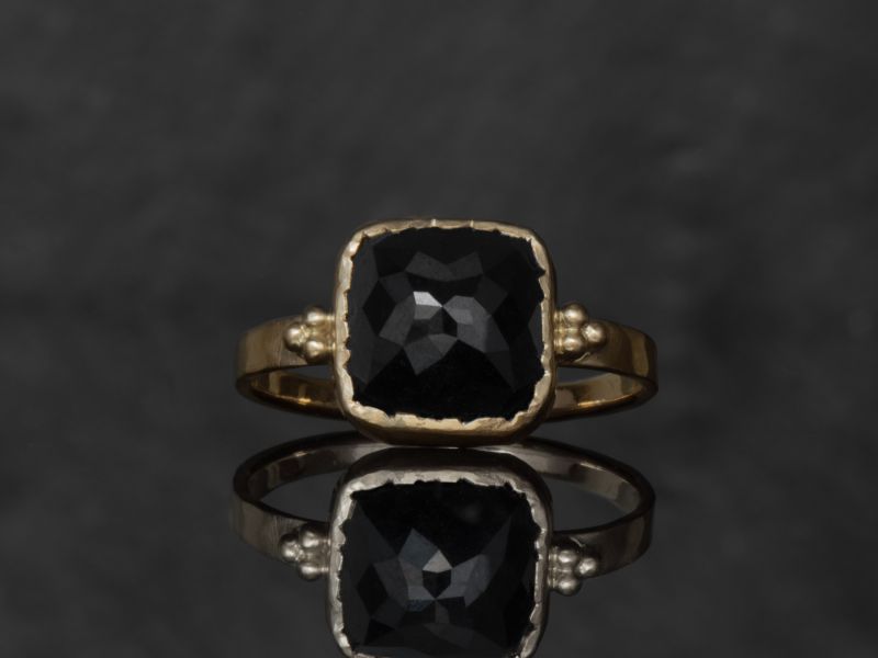 Queen B black diamond yellow gold ring