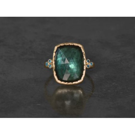 Blue diamond, green tourmaline 12,5cts and gold rectangle Queen ring by Emmanuelle zysman