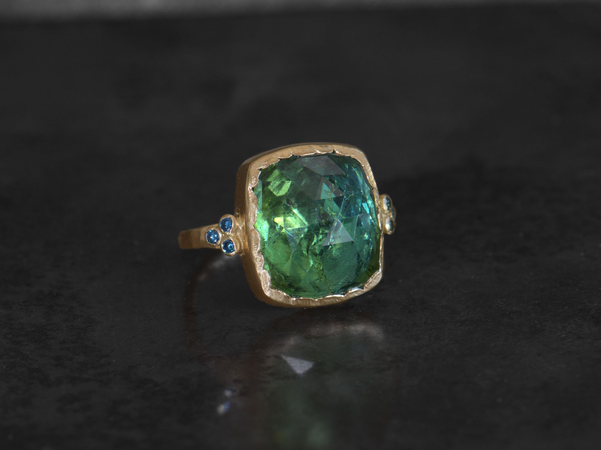 Queen blue diamonds and 14,95cts green tourmaline ring by Emmanuelle Zysman