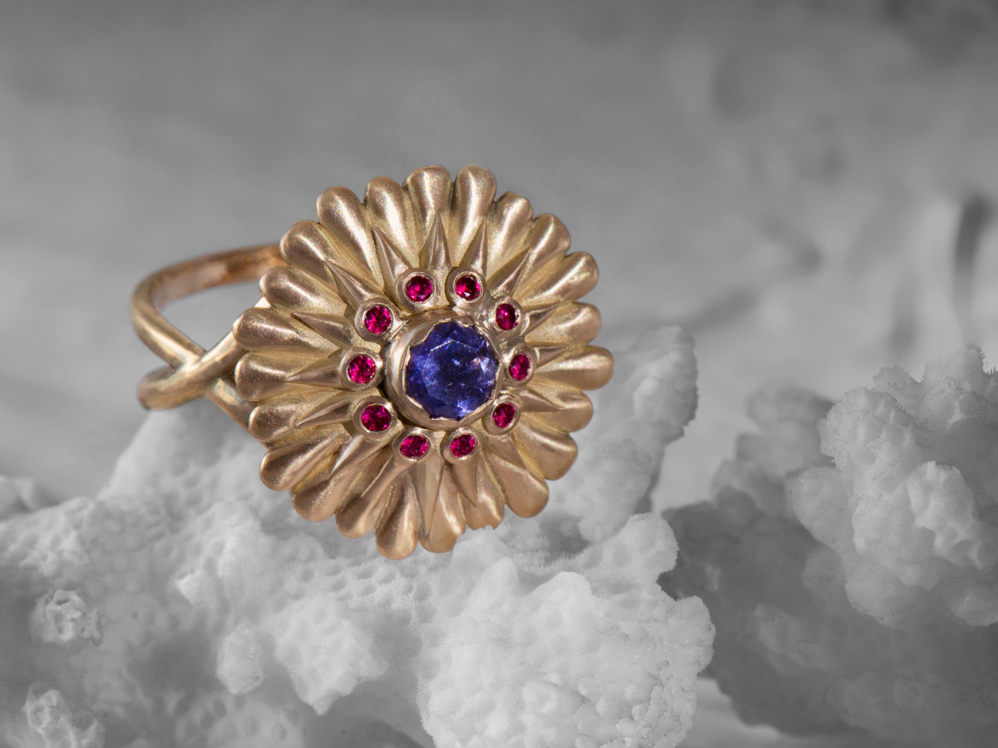Sacha Iolite and rubies ring by Emmanuelle Zysman