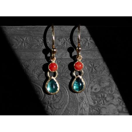 Fifi coral ,green tourmaline and gold earrings by Emmanuelle Zysman