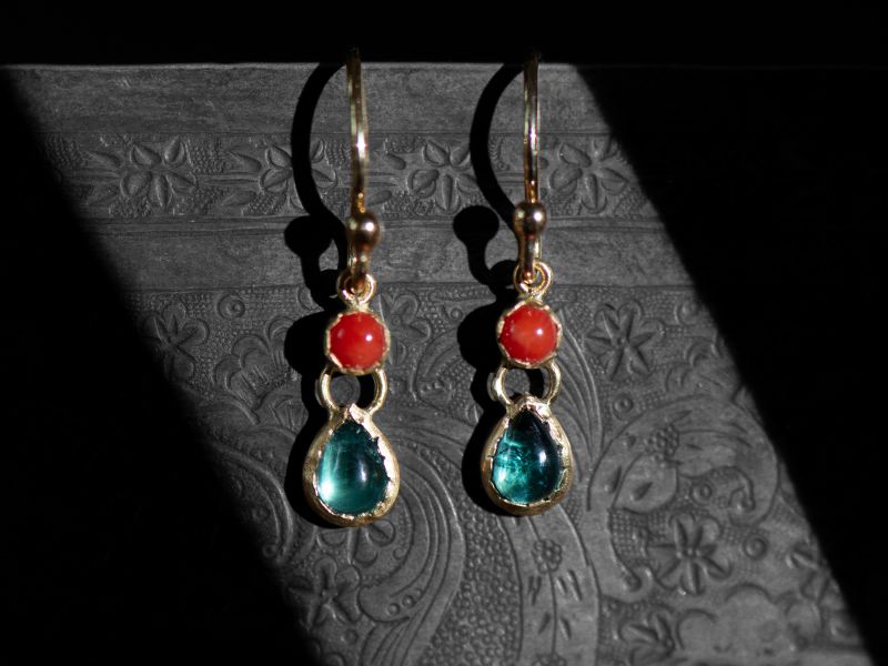 Fifi coral ,green tourmaline and gold earrings by Emmanuelle Zysman