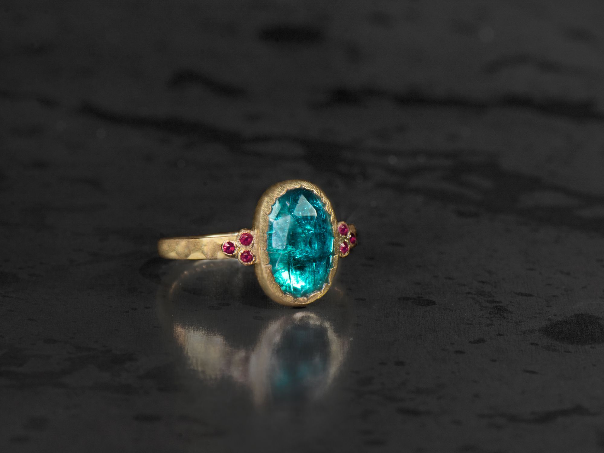 Queen rubies and light blue tourmaline ring by Emmanuelle Zysman