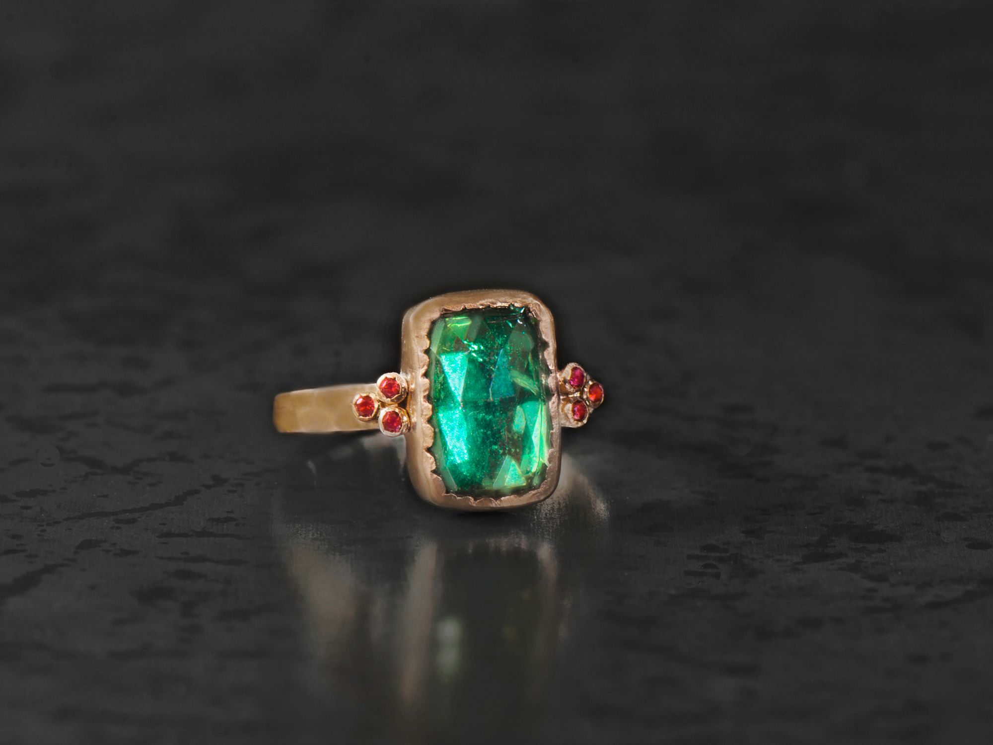 Queen rubies and green tourmaline ring by Emmanuelle Zysman