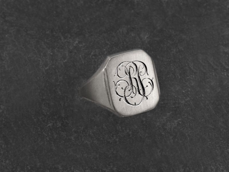 Nemours palladium plated silver monogram ring by Emmanuelle Zysman